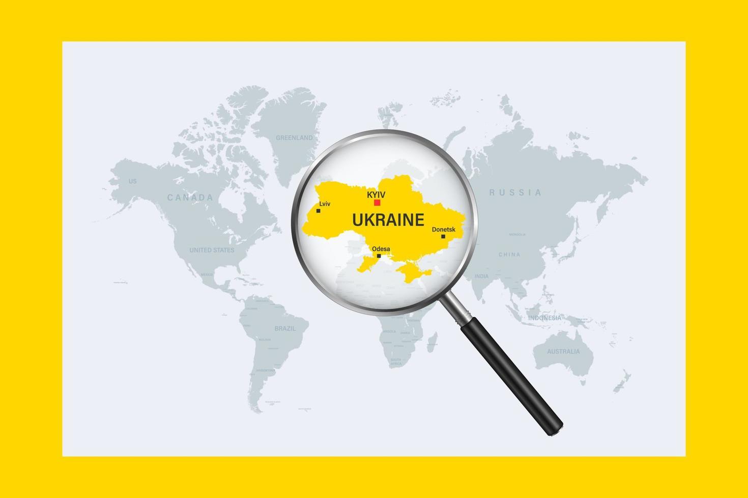 Map of Ukraine on political world map with magnifying glass vector