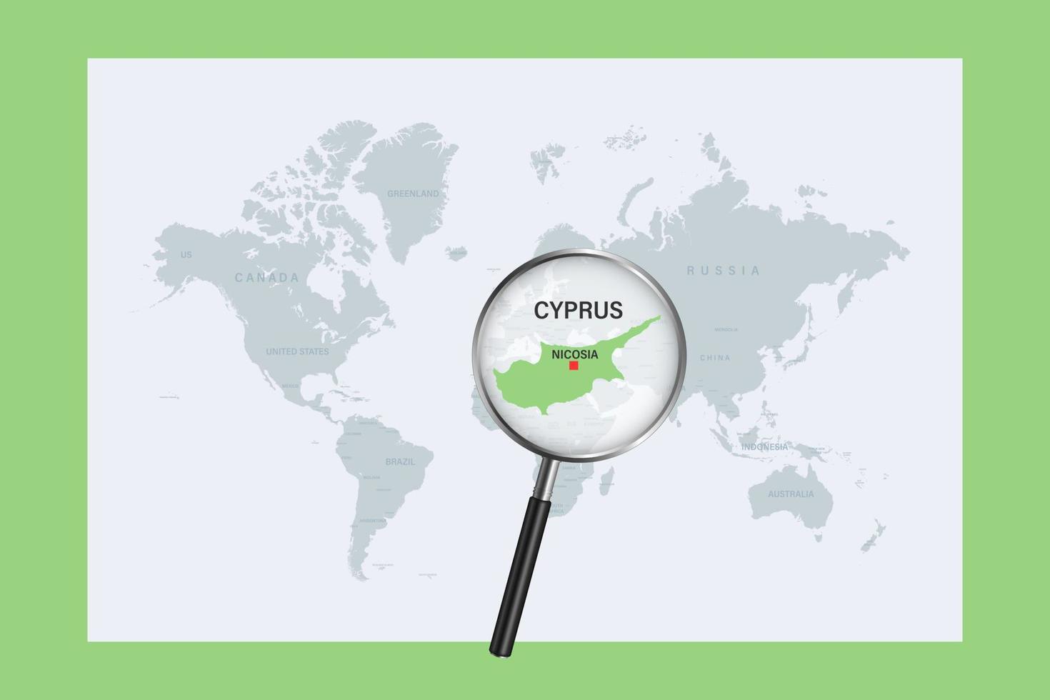 mapa de Chipre en el mapa político del mundo con lupa vector