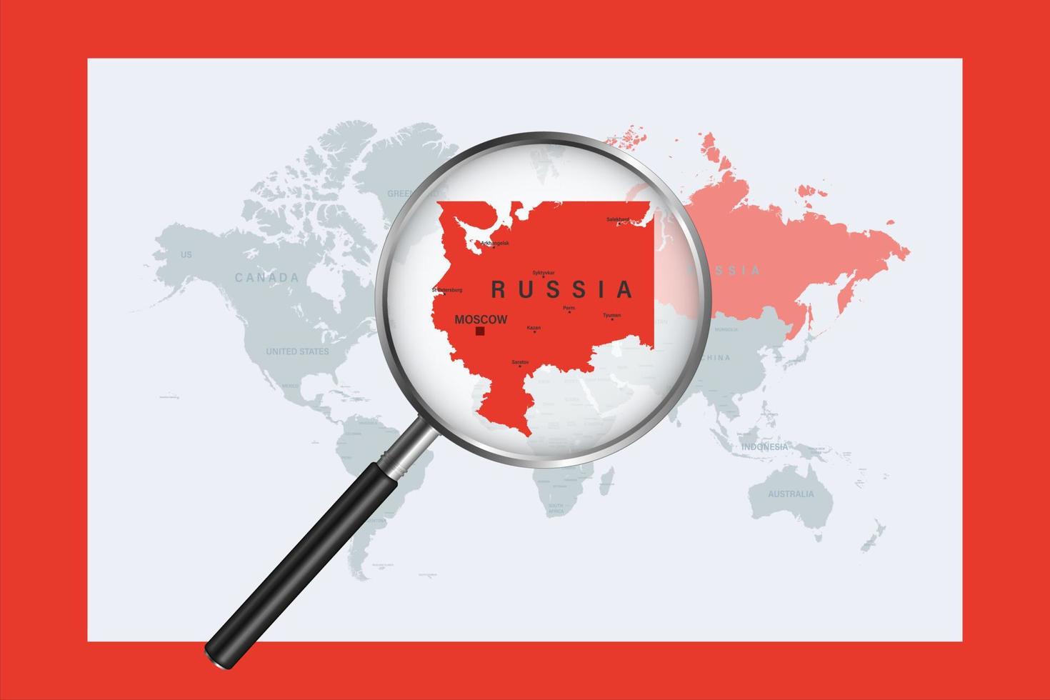 Map of Russia on political world map with magnifying glass vector
