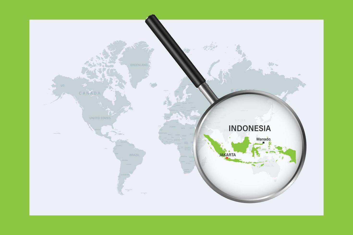 Map of Indonesia on political world map with magnifying glass vector