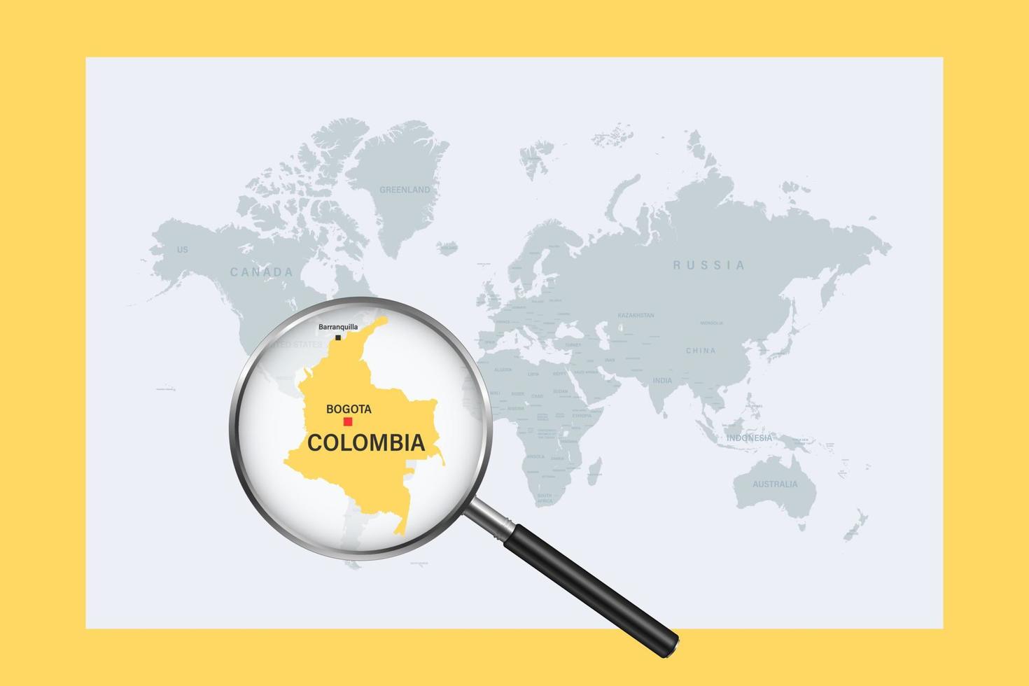 Map of Colombia on political world map with magnifying glass vector