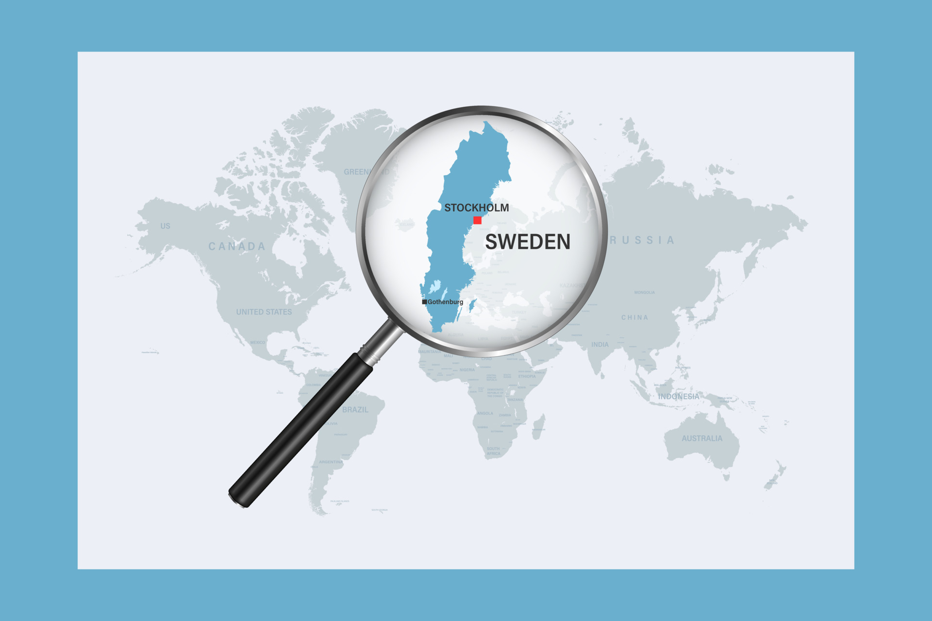 Map of Sweden on political world map with magnifying glass 10410752