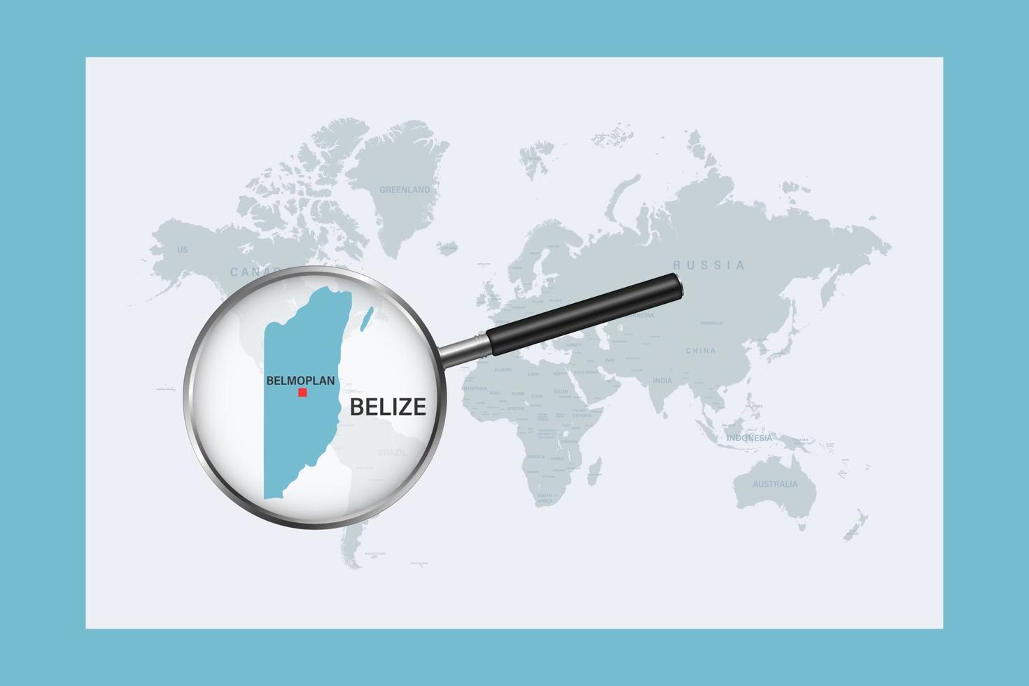 Map of Belize on political world map with magnifying glass vector