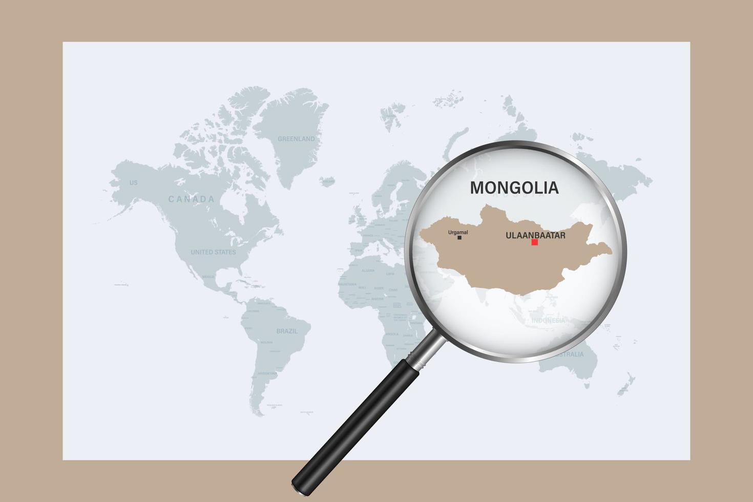 mapa de mongolia en el mapa político del mundo con lupa vector