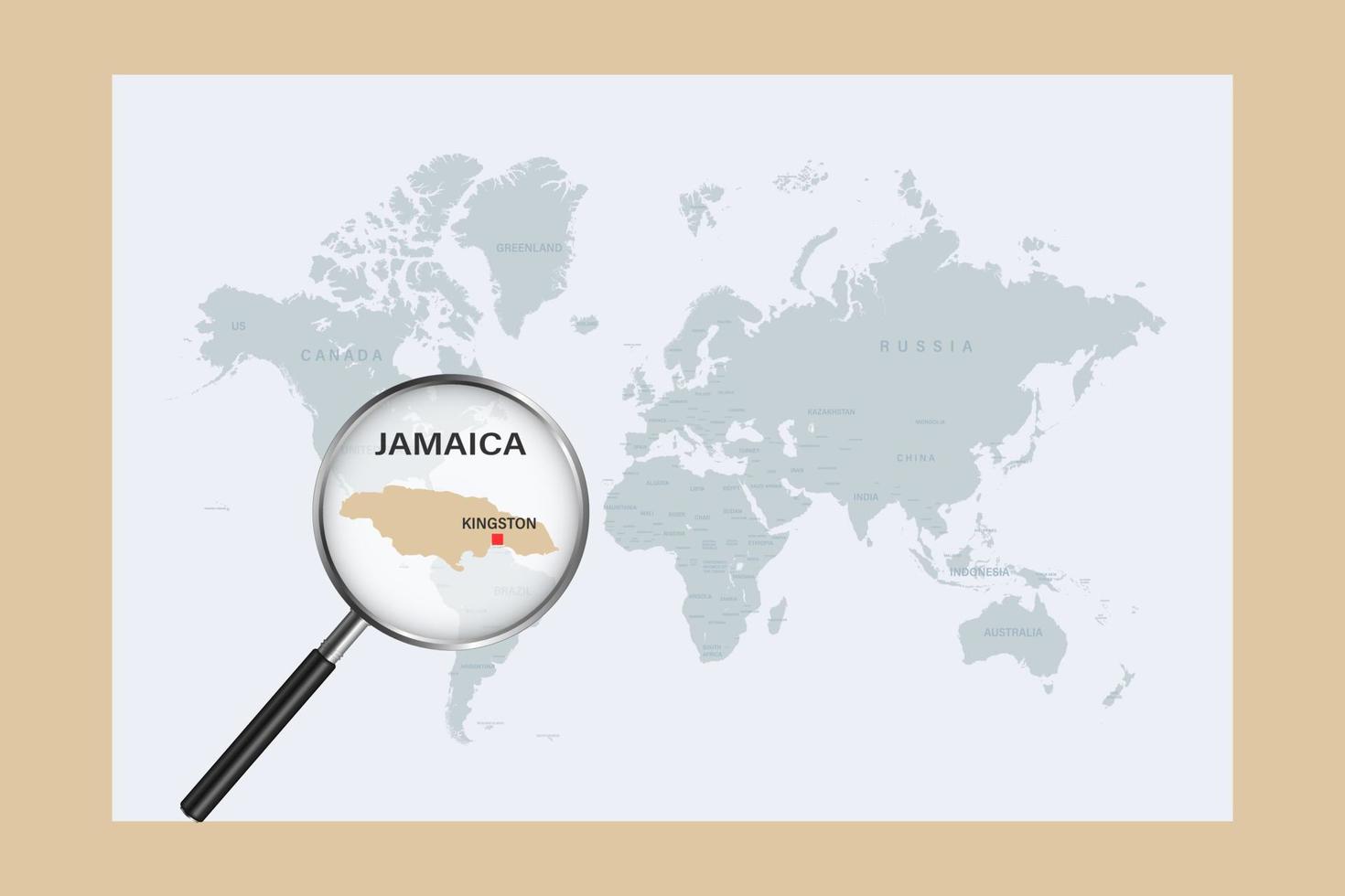 Map of Jamaica on political world map with magnifying glass 10410773