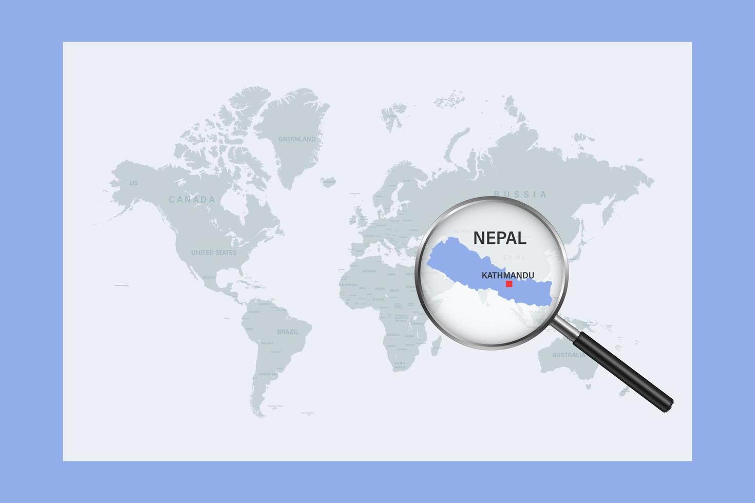 Map of Nepal on political world map with magnifying glass vector