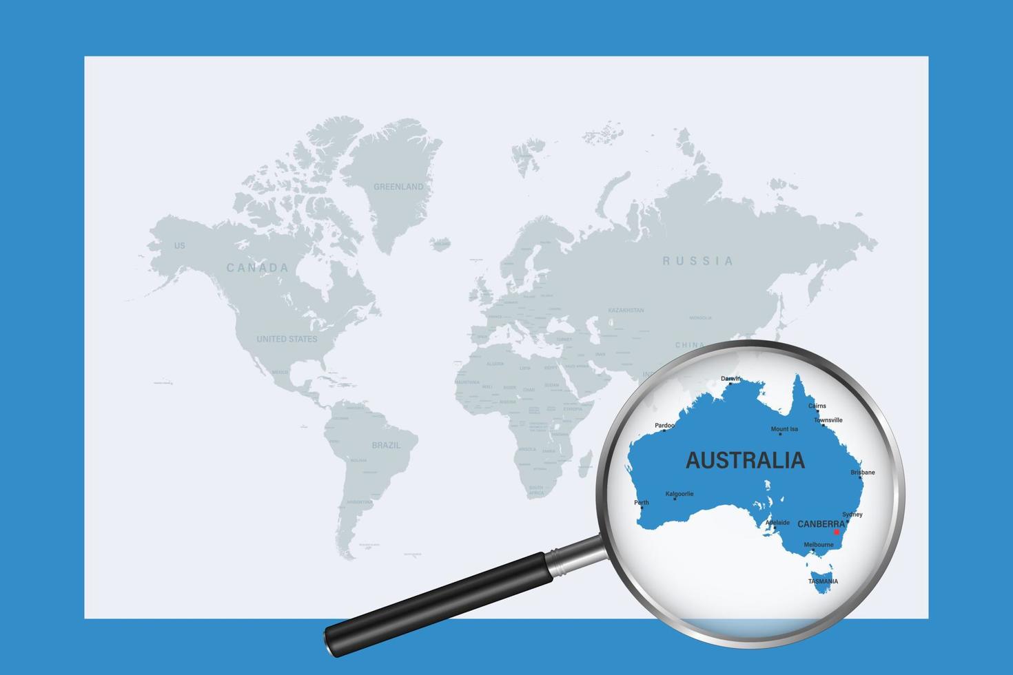 Map of Australia on political world map with magnifying glass vector