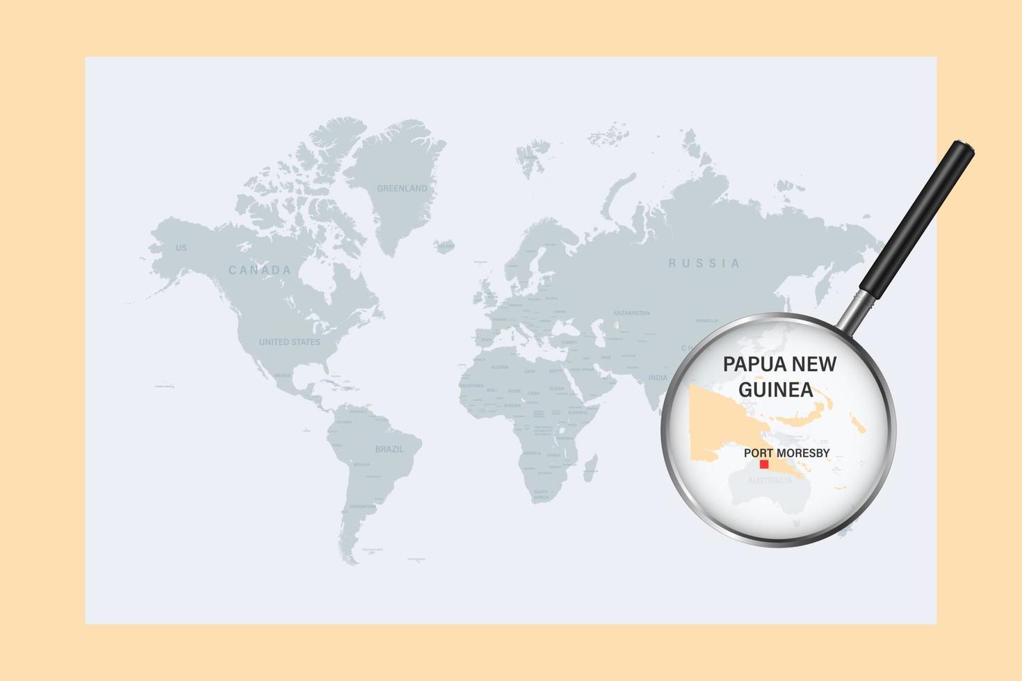 Map of Papua New Guinea  on political world map with magnifying glass vector
