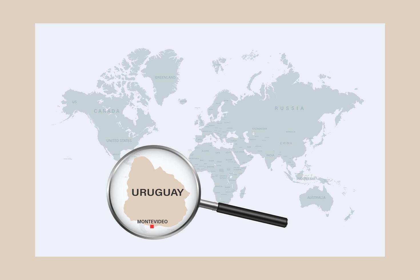 Map of Uruguay on political world map with magnifying glass vector