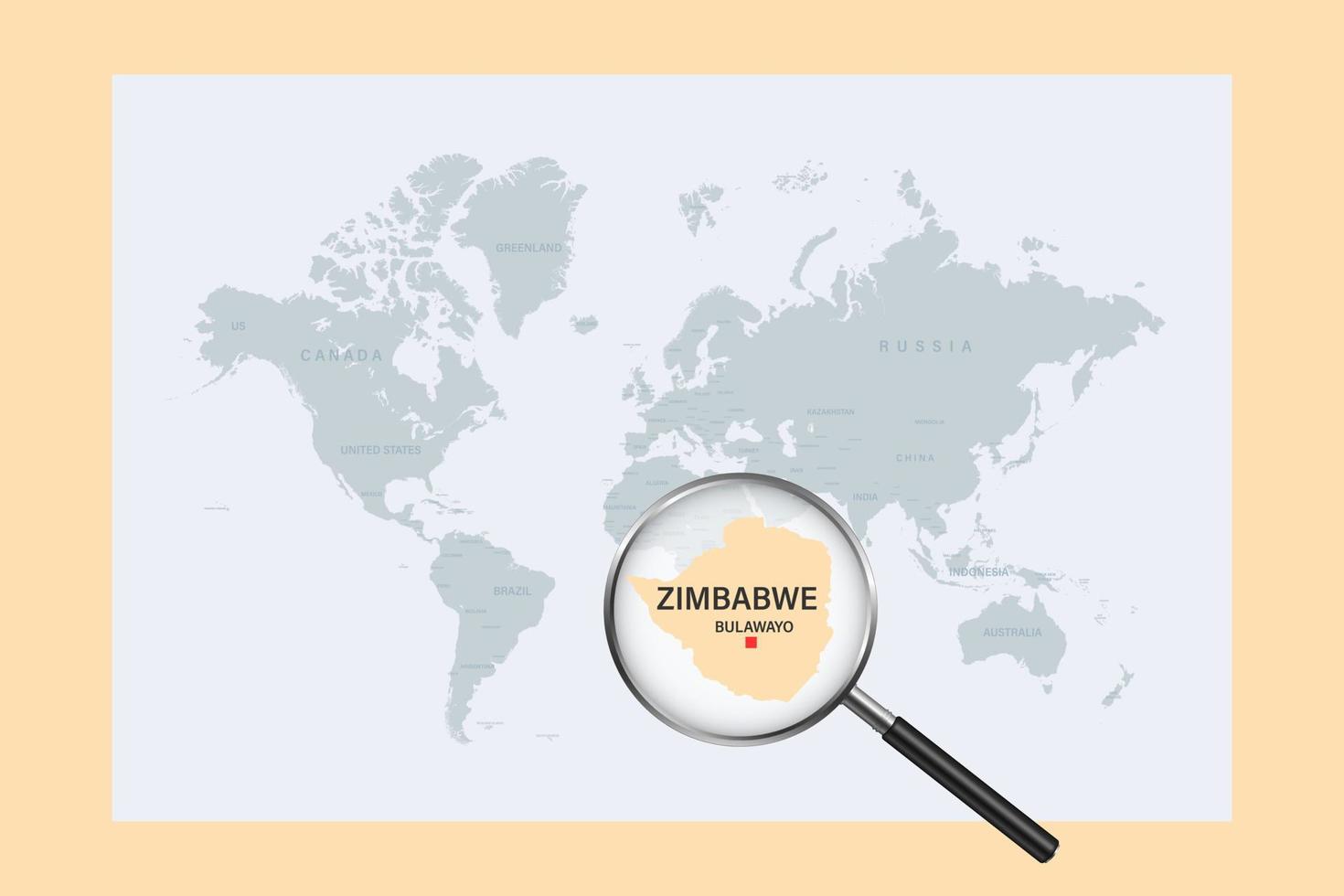 mapa de zimbabwe en el mapa político del mundo con lupa vector