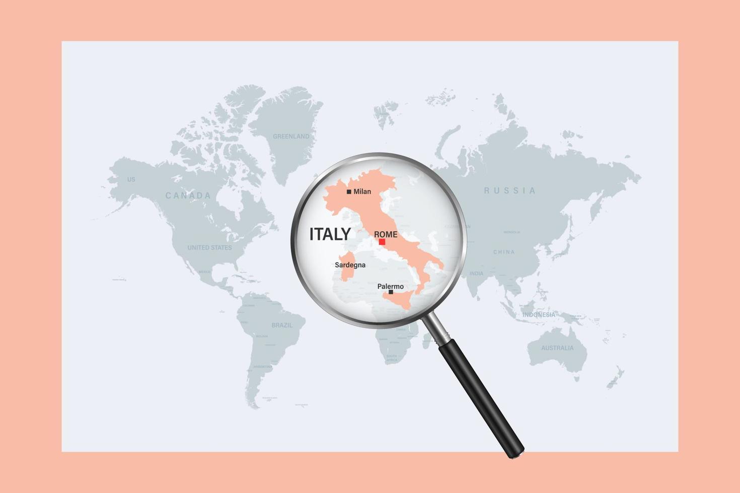 Map of Italy on political world map with magnifying glass vector