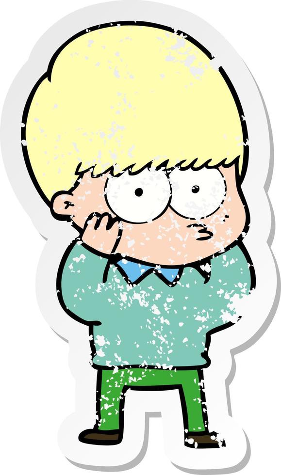 distressed sticker of a nervous cartoon boy vector