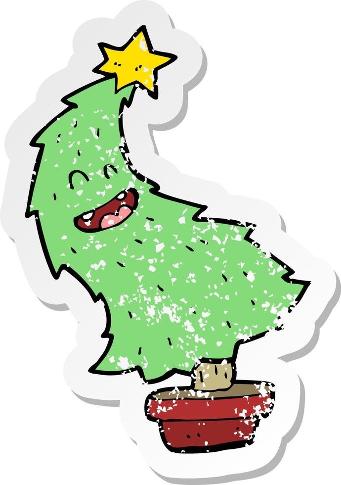 retro distressed sticker of a cartoon dancing christmas tree vector