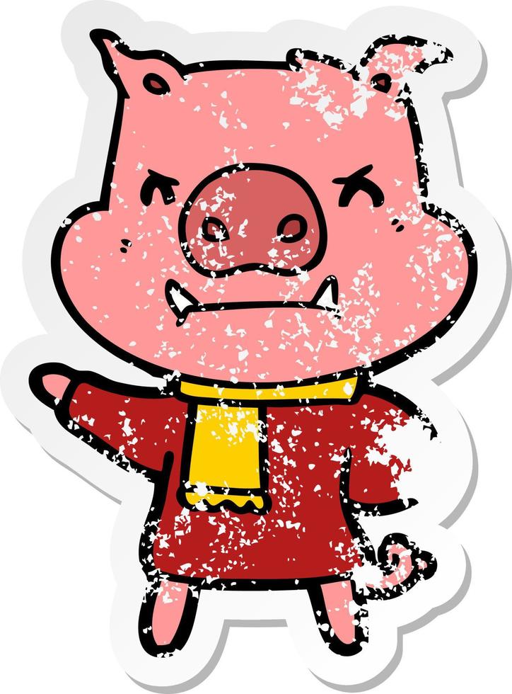 distressed sticker of a angry cartoon pig in winter clothes vector