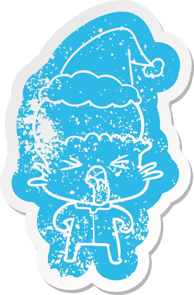weird cartoon distressed sticker of a alien wearing santa hat vector