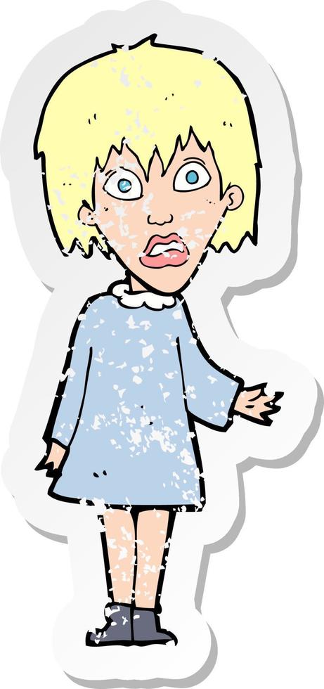 retro distressed sticker of a cartoon shocked woman vector