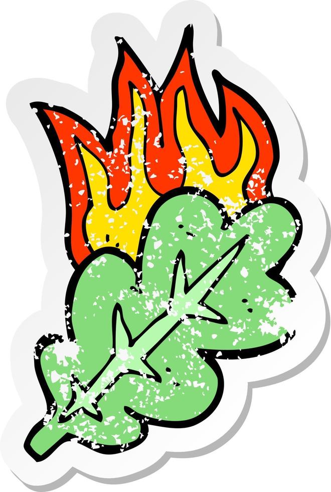 retro distressed sticker of a cartoon burning eaf symbol vector