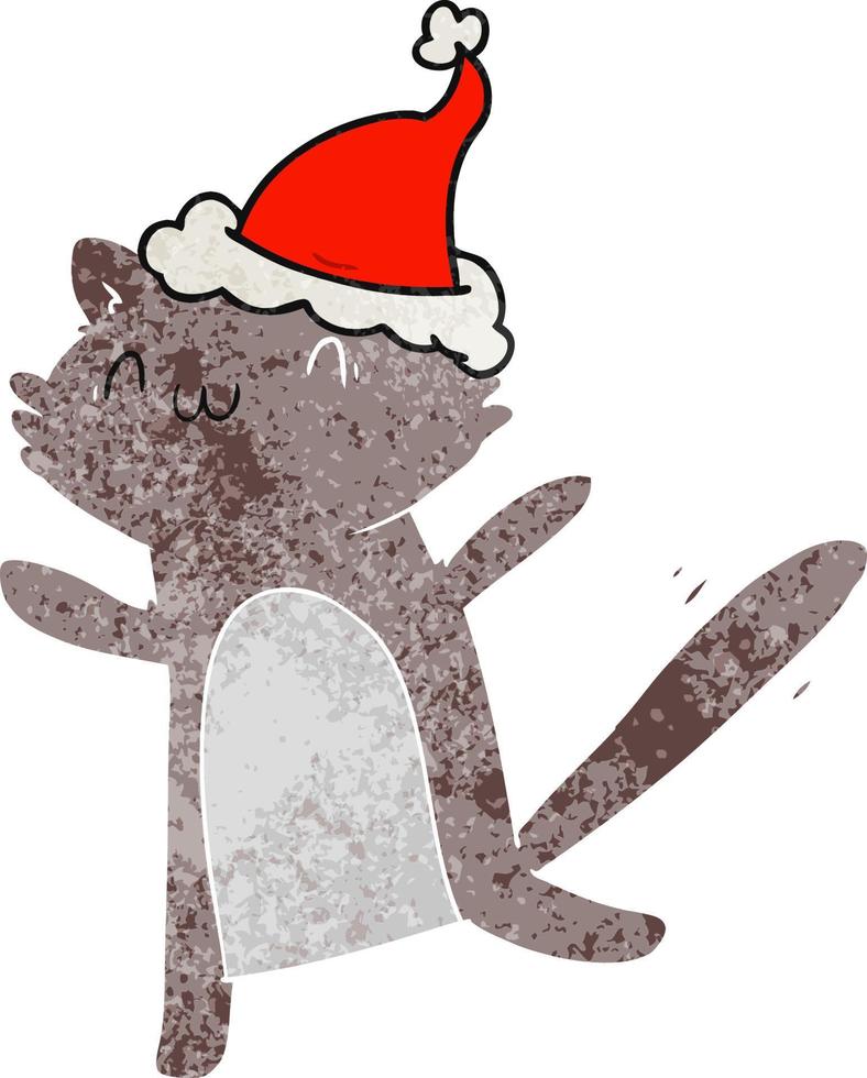 retro cartoon of a dancing cat wearing santa hat vector