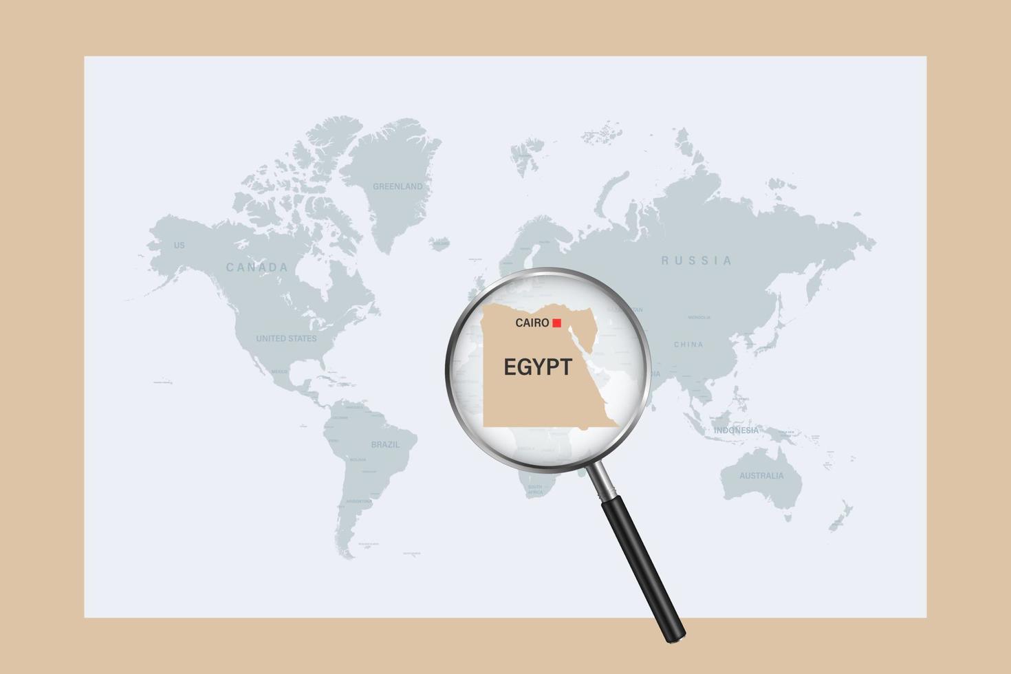 Map of Egypt on political world map with magnifying glass vector