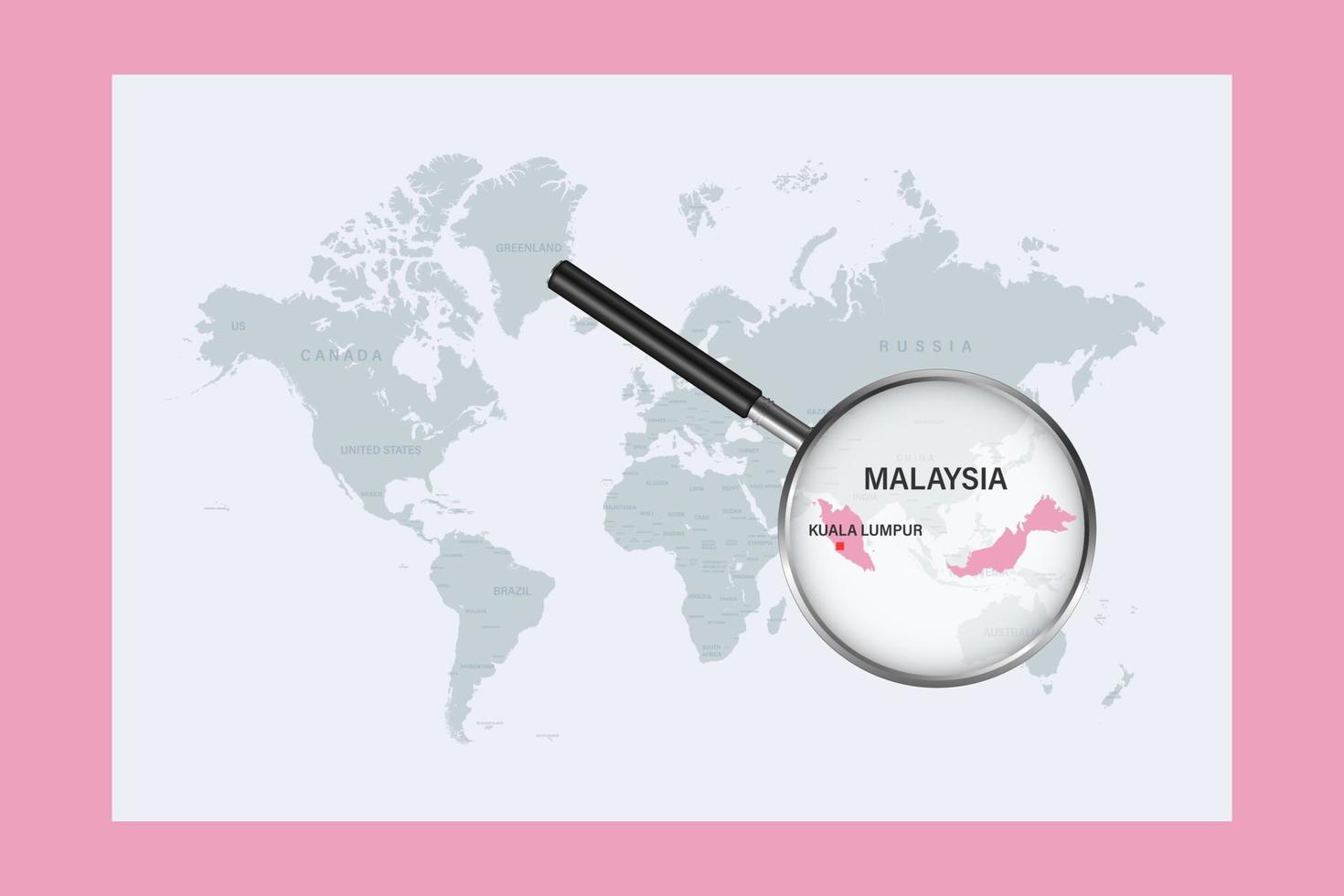 Map of Malaysia on political world map with magnifying glass vector