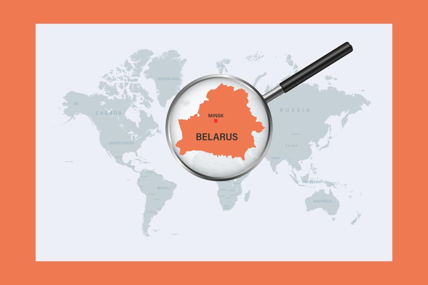 Map of Belarus on political world map with magnifying glass vector