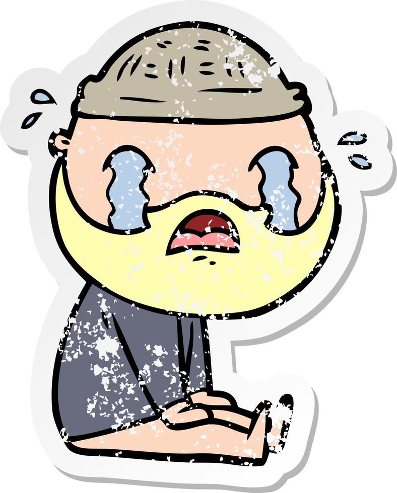 distressed sticker of a cartoon bearded man crying vector