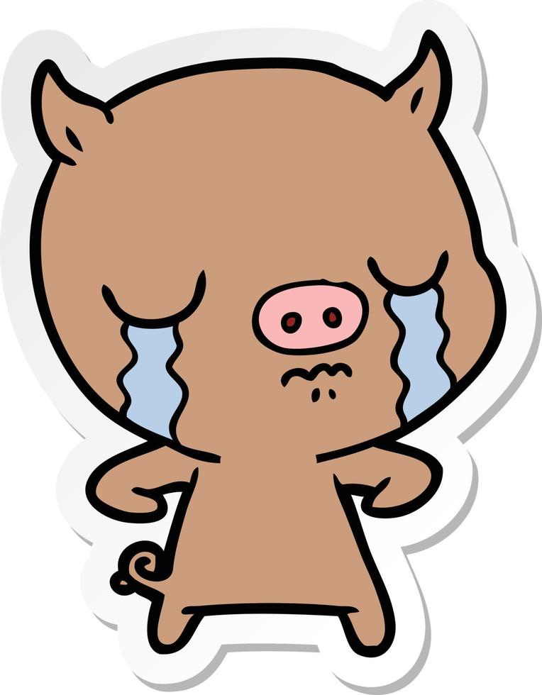 sticker of a cartoon pig crying vector