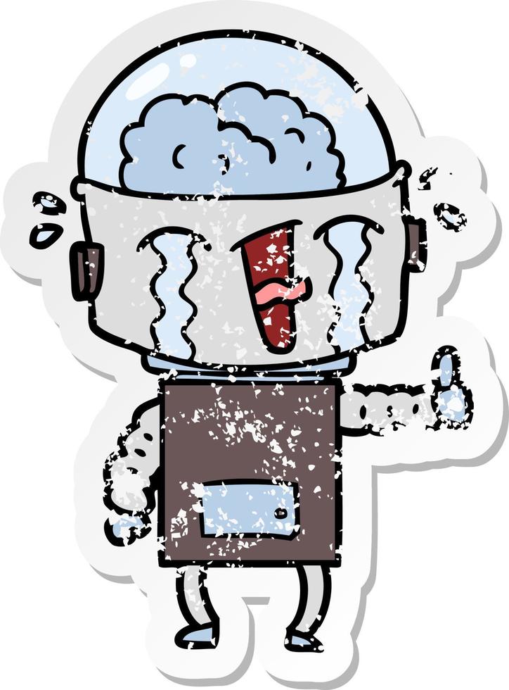 distressed sticker of a cartoon crying robot making gesture vector