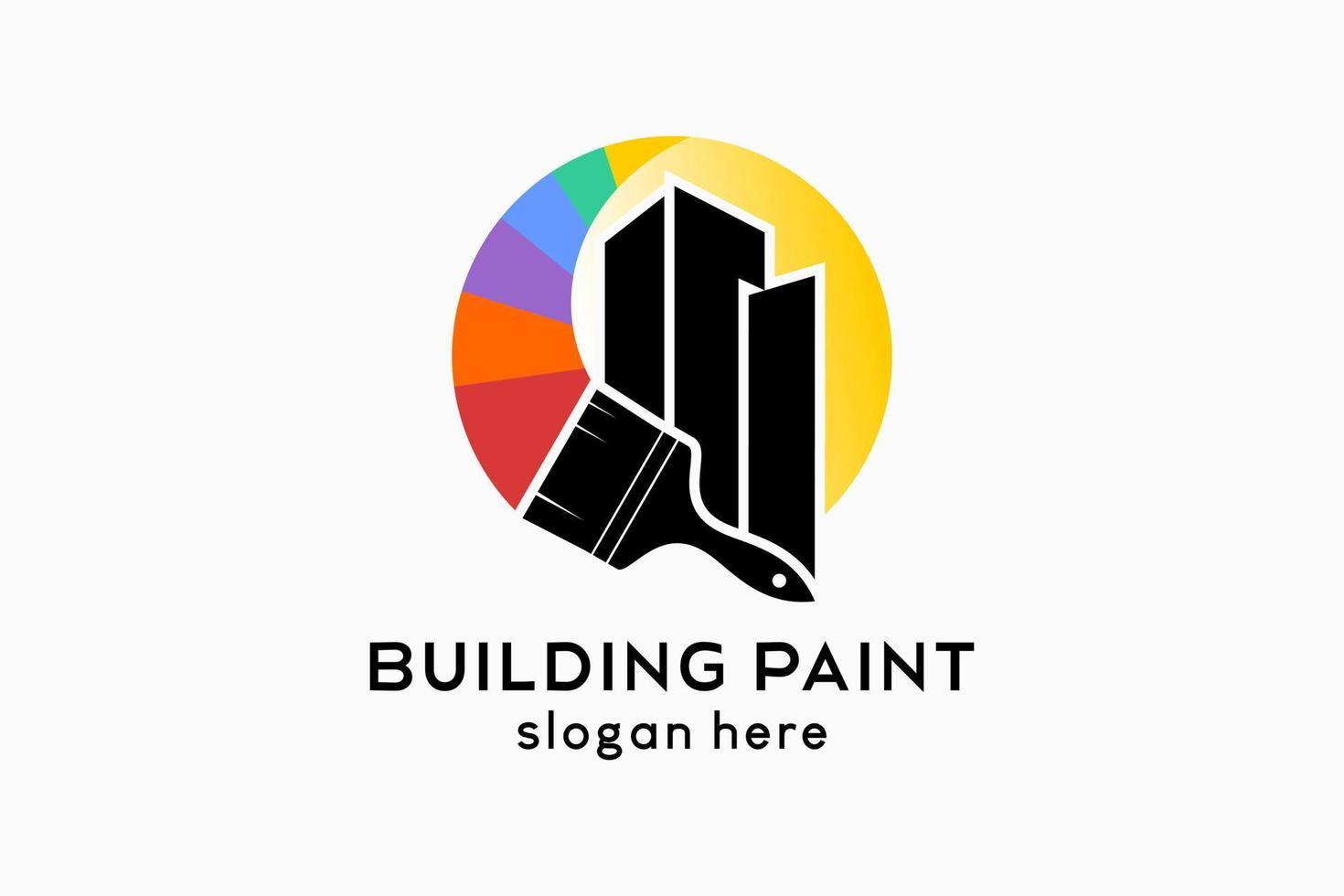 Logo design for wall paint or building paint, a paint brush silhouette combined and a building icon with a rainbow color concept in dots or sun vector