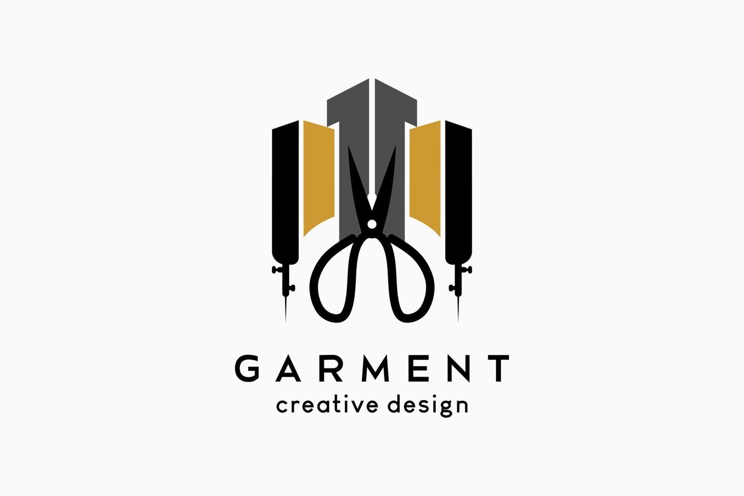 Garment logo design, scissors silhouette combined with building icon in a creative concept vector