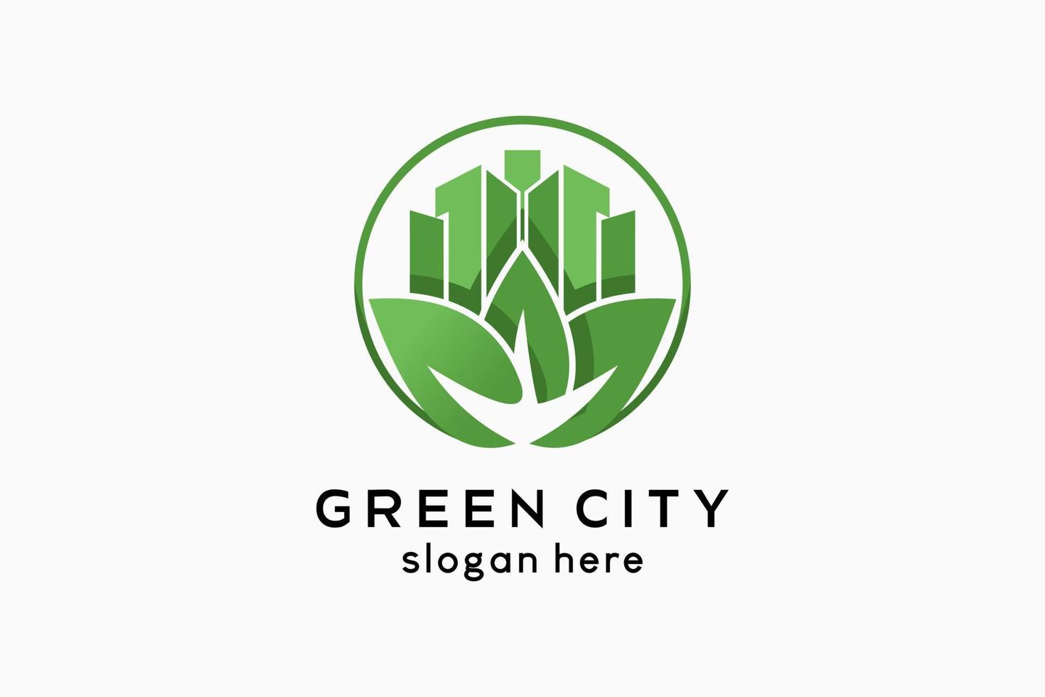 diseño de logotipo de ciudad verde, icono de hoja e icono de construcción combinados con un concepto creativo en un círculo vector