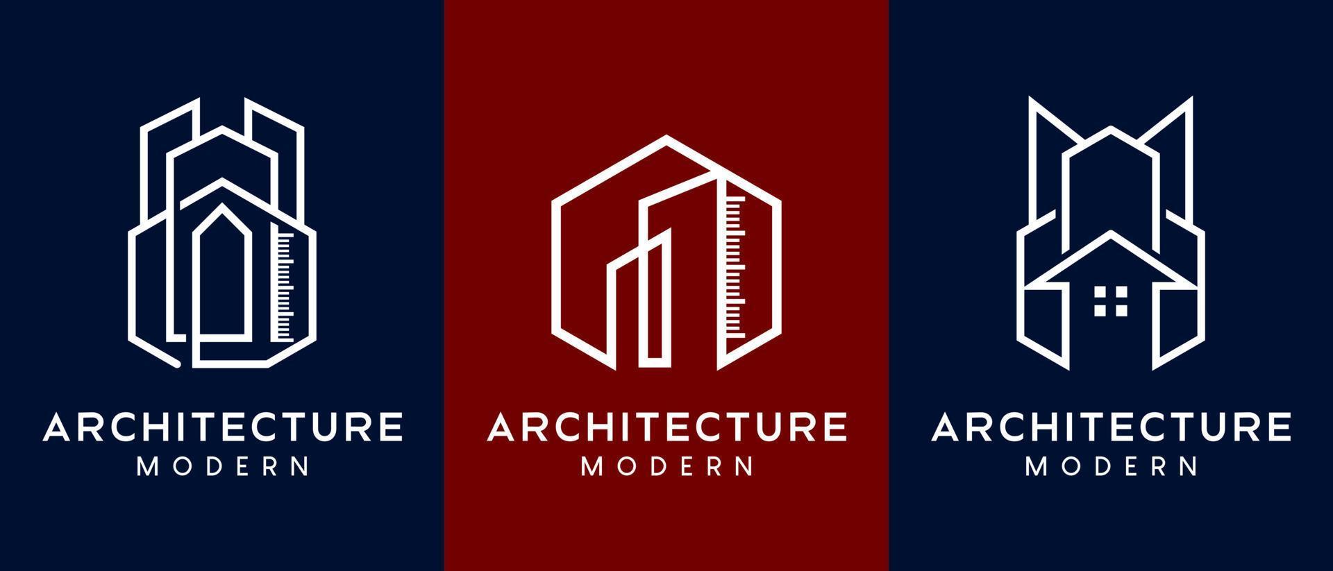 diseño de logotipo de arquitecto, diseñador de edificios o casas con un concepto minimalista, un edificio combinado con un icono de regla en un hexágono vector