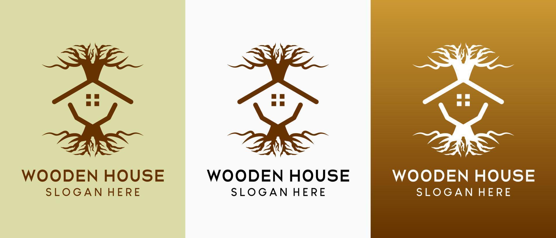 Wooden house logo design with creative concept, tree icon combined with house icon vector