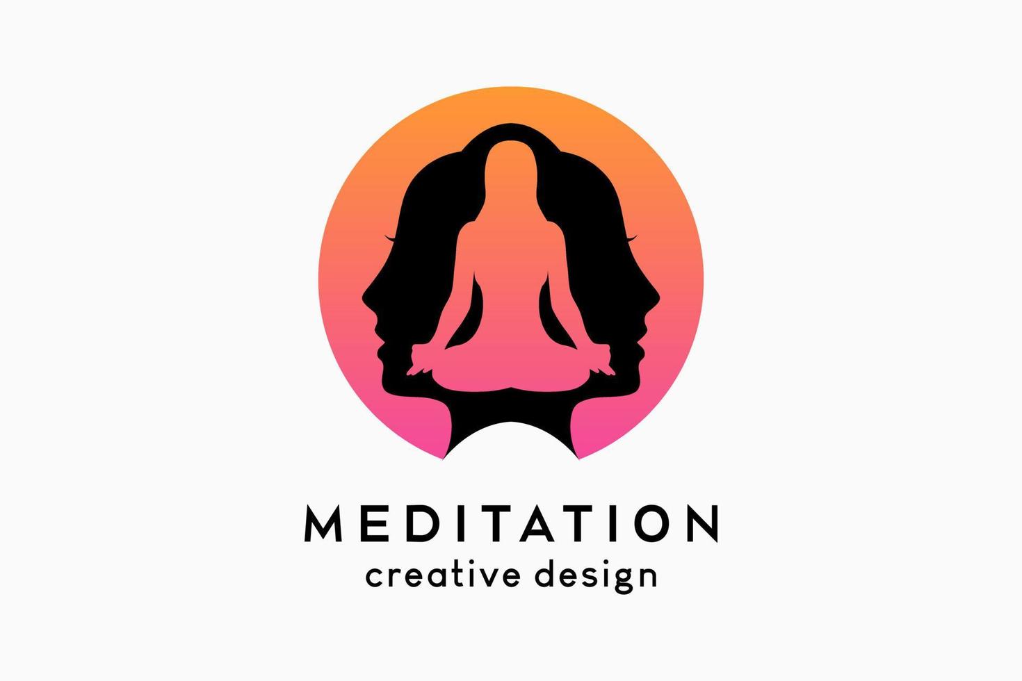 Meditation logo design, silhouette of woman meditating blends with two female faces in dots vector