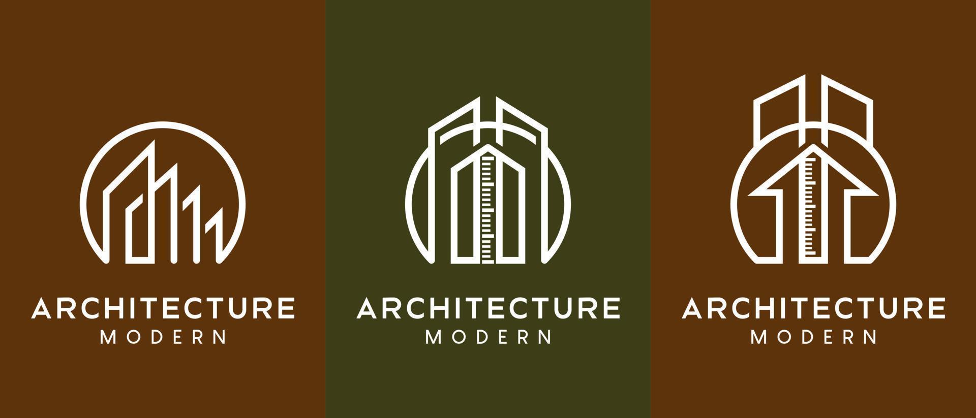 diseño de logotipo de arquitecto, diseñador de edificios o casas con un concepto minimalista, un edificio combinado con un icono de regla en un círculo vector