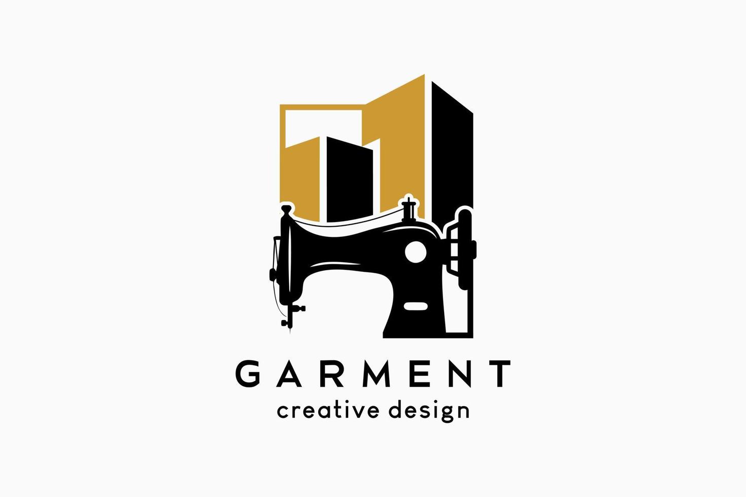 Garment logo design, sewing machine silhouette combined with building icon in a creative concept vector