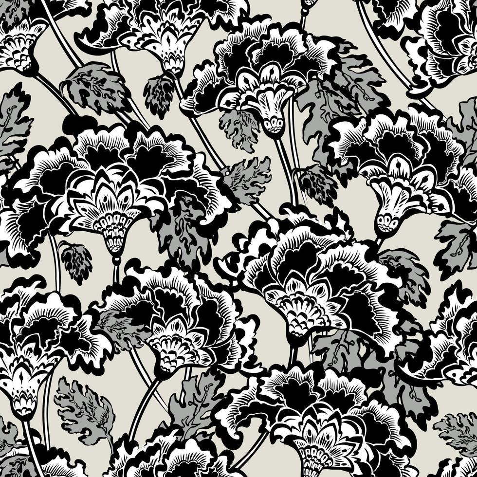 SEAMLESS VECTOR PATTERN bold flamboyant floral in black and white. Oriental poppy marigold style loose gestural brushwork in simple greyscale colors. Fan shaped flowers in scalloped arrangement.