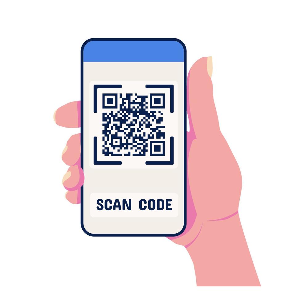 Qr scan code on mobile smartphone in hand. Screen payment app on device. Flat vector illustration.