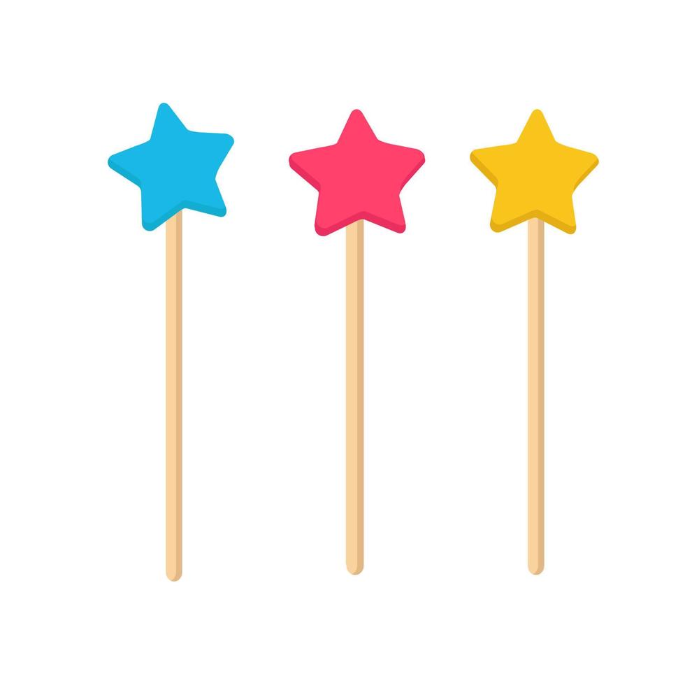 Set of accessory for birthday party. Color stars on sticks. Magic wands. vector