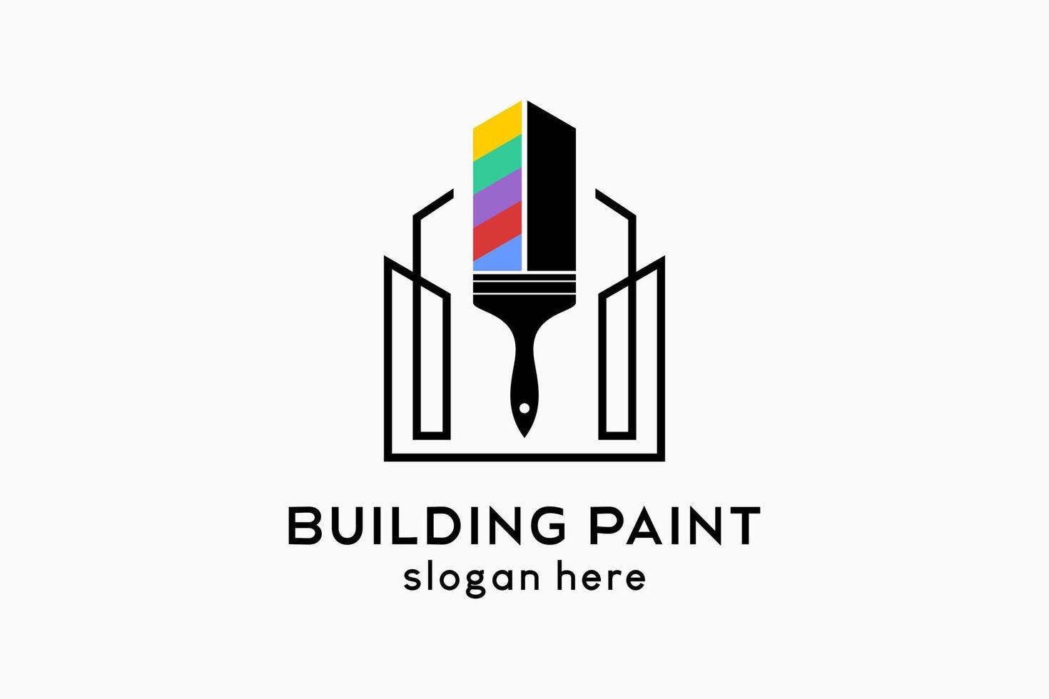 Wall paint or building paint logo design, paint brush silhouette combined with building icon in rainbow color concept vector