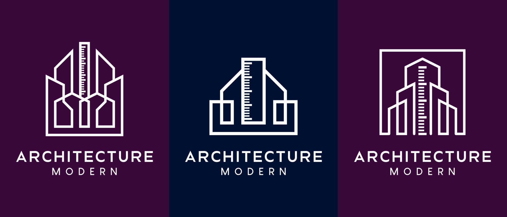 diseño de logotipo de arquitecto, diseñador de edificios o casas con un concepto minimalista, un edificio combinado con un icono de regla. vector