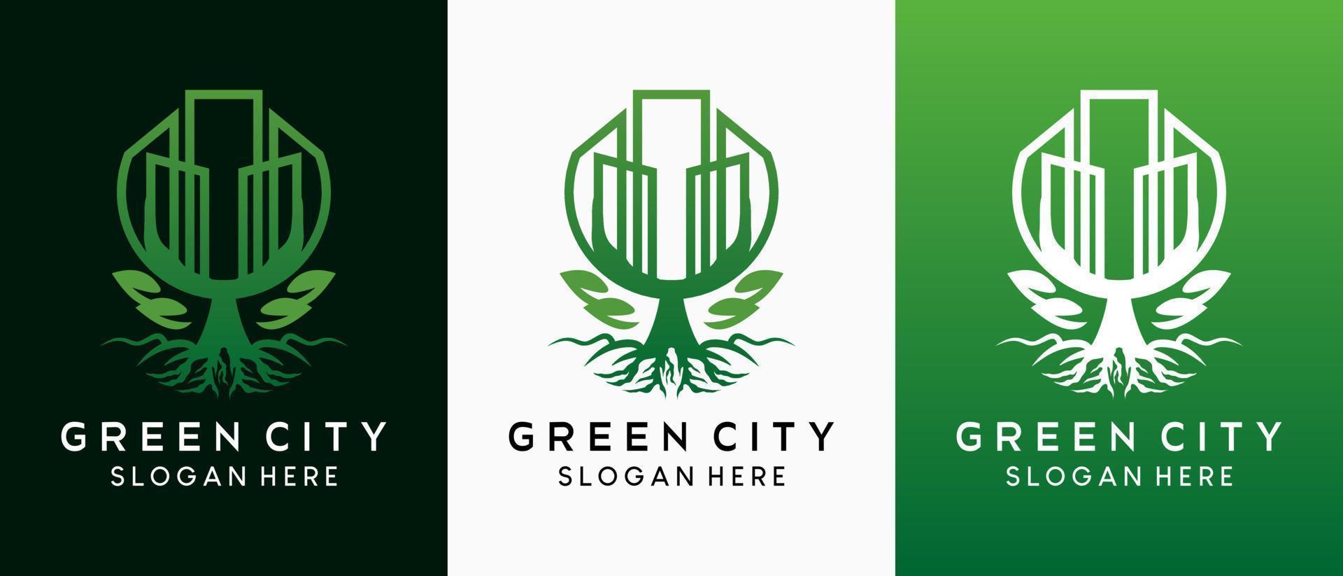 Green city logo design with creative concept, tree icon blends with building in line art vector