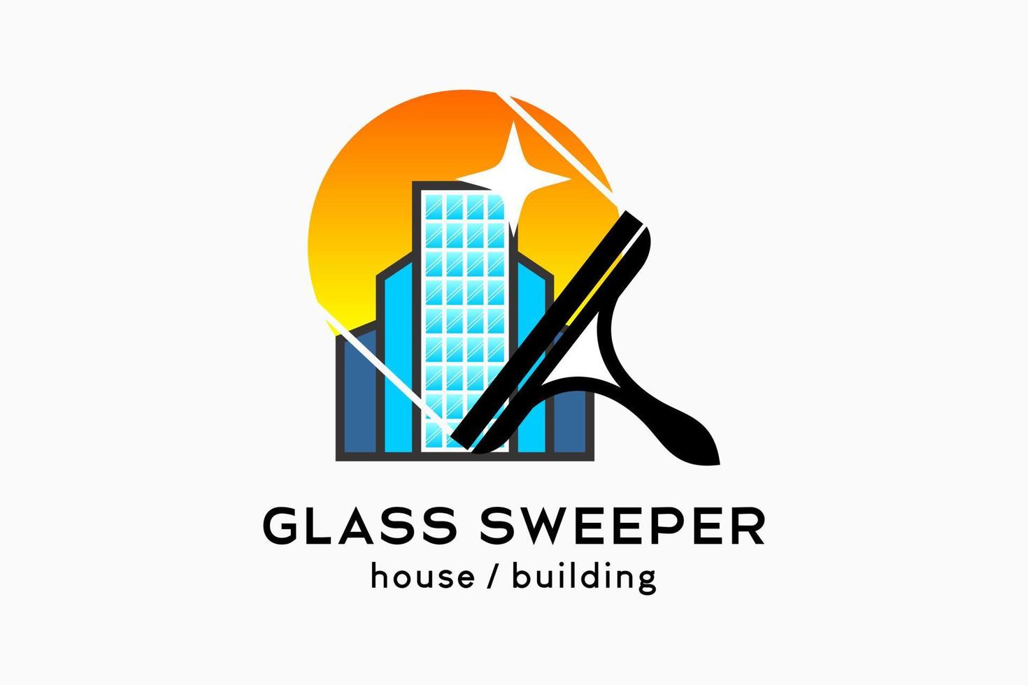 Glass cleaner or glass sweeper logo design, silhouette of rubber glass cleaner combined with building icon and sun icon vector