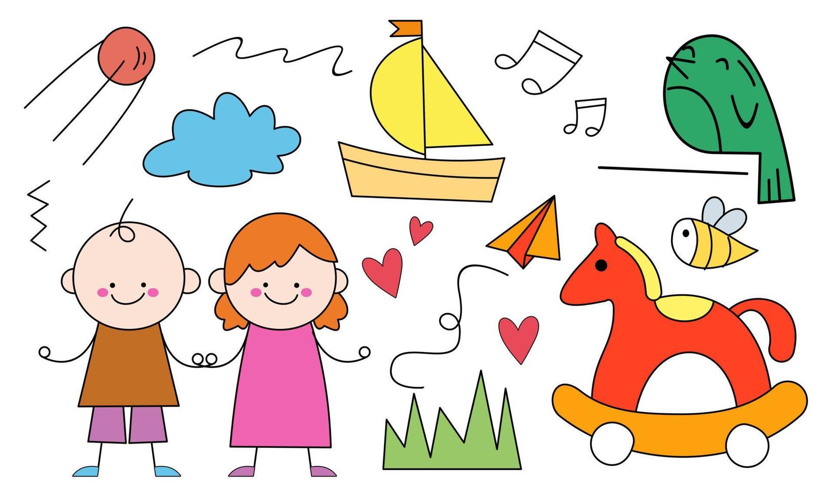 Cute children's drawing, kids doodles illustration vector