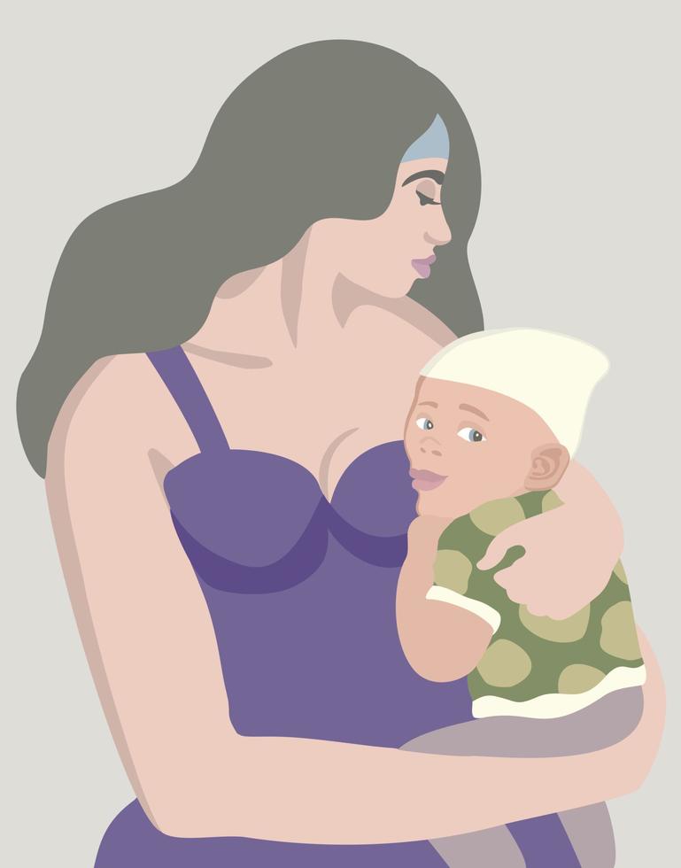 joven madre de pelo largo con vestido violeta sostiene a su bebé. vector