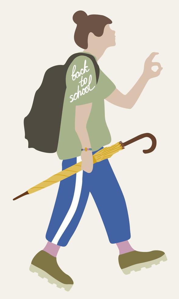 Vector isolated illustration of young girl going to school after summer holidays.