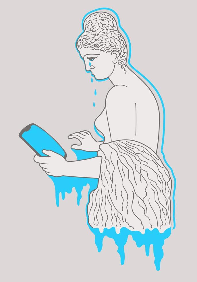 Vector illustration of ancient female statue with smartphone and bright blue decoration.