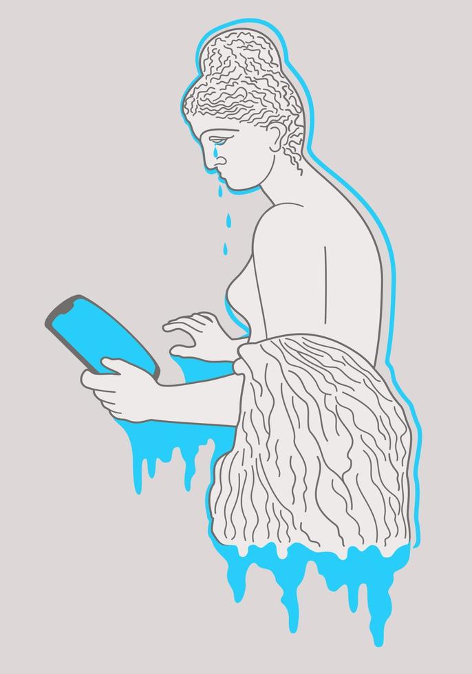 ilustración vectorial de la antigua estatua femenina con smartphone y decoración azul brillante. vector