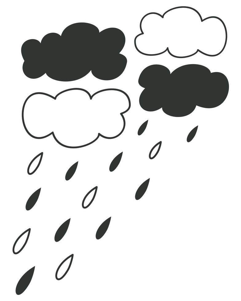 ilustración monocromática vectorial de nubes y gotas de lluvia. vector