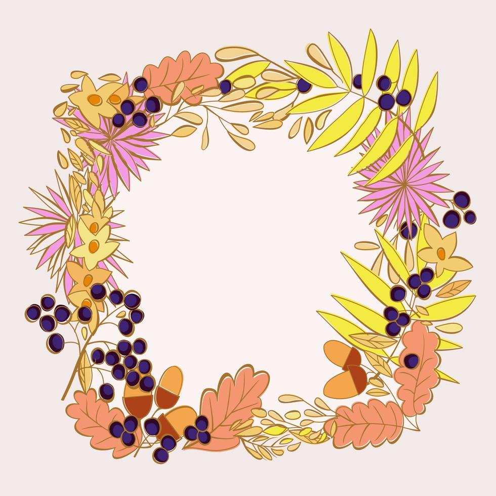 Vector isolated frame with leaves, flowers and chokeberries.